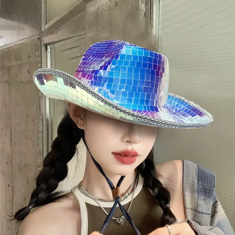 

Disco Sparkling Cowboy Hat PET Mirror Laser Western Party Hat for Rave Festival Photo Prop Colorful Sequins Stage Performance