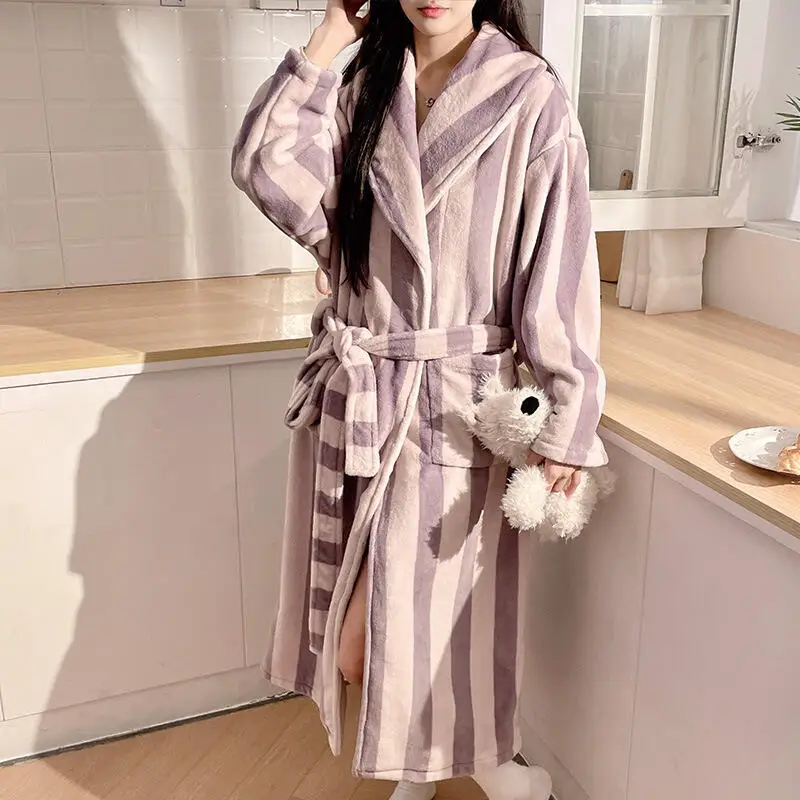 Autumn Winter Flannel Women Robe Stripes Thicken Kimono Gown Casual Loose Warm Bathrobe Belt Pocket Dressing Gown Homewear
