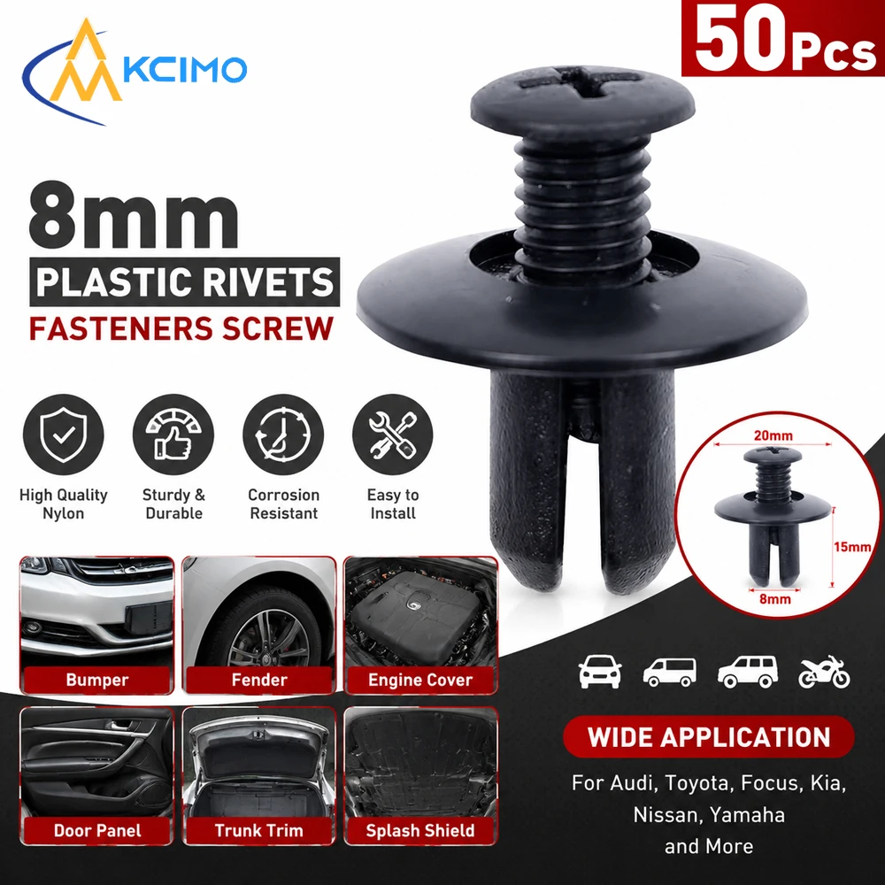 

50Pcs 8mm Black Plastic Rivet Clips Car Bumper Fender Fasteners Fit for Audi Toyota Ford Focus Kia Nissan Yamaha