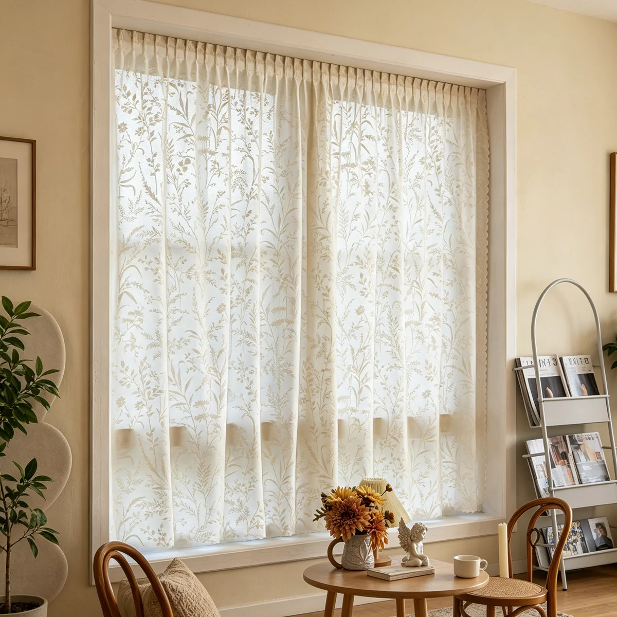 Floral Botanical Self Adhesive Sheer Curtains, Magic Tape Light Filter Voile Drapes for Household Kitchen Bedroom Windows