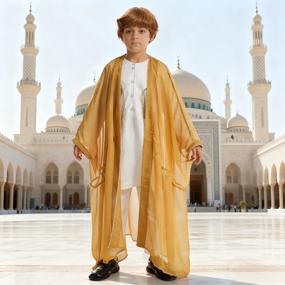 Boys Kids Jubba Thobe Cardigan Abaya Ramadan Saudi Eid Robe Islamic Children Djellaba Dishdasha Muslim Open Abaya Morocco Caftan
