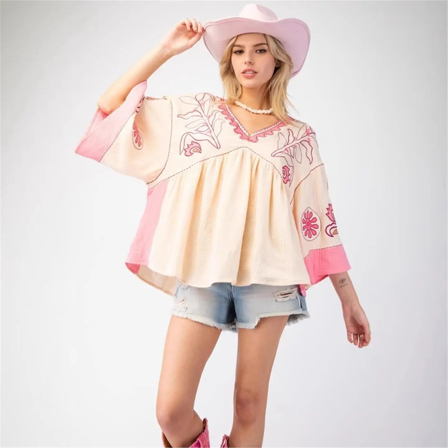 Printemps été nouveau femmes v-ne épissure cloche Sve T-shirt couleur Blo haut ample décontracté européen Sle Seven Sve Long T-s...