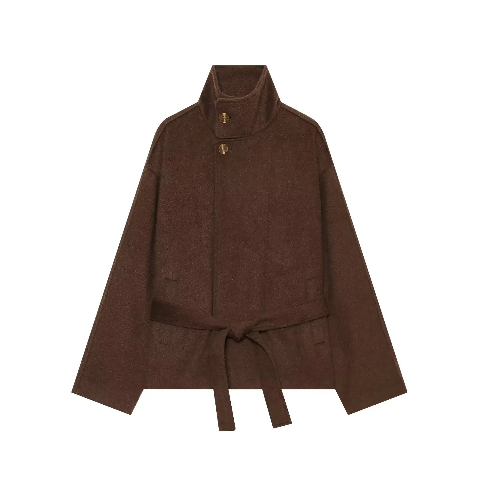 Guobioziy 2026 Fall New Women's Coat Brown Long-Sleeve Vintage Stand Collar Belt Loose Wool Coat Warm and Stylish