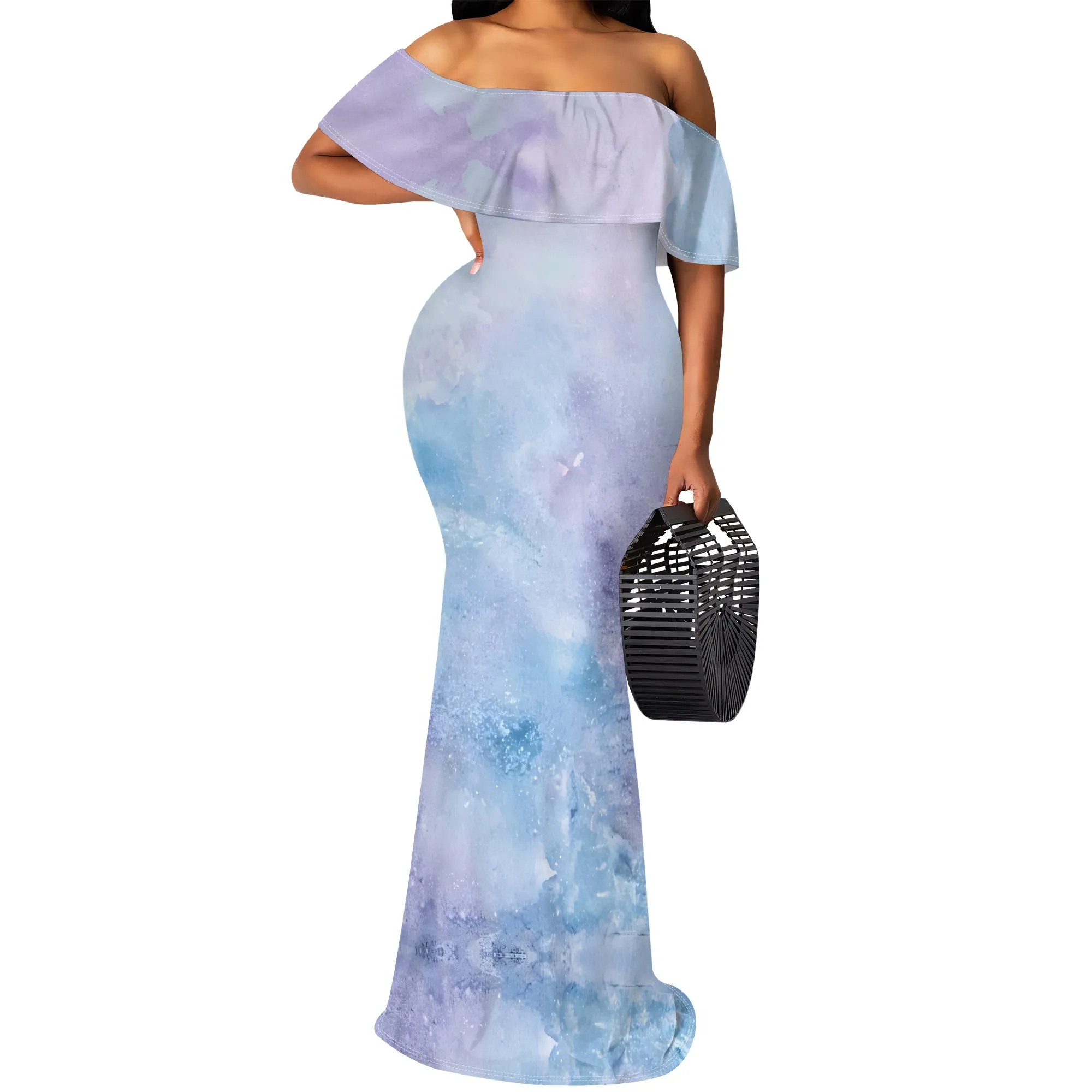 Schulterfreies Maxikleid mit blauem Galaxie-Farbverlauf in Übergröße, elegantes Abendkleid für Abschlussball und Partys