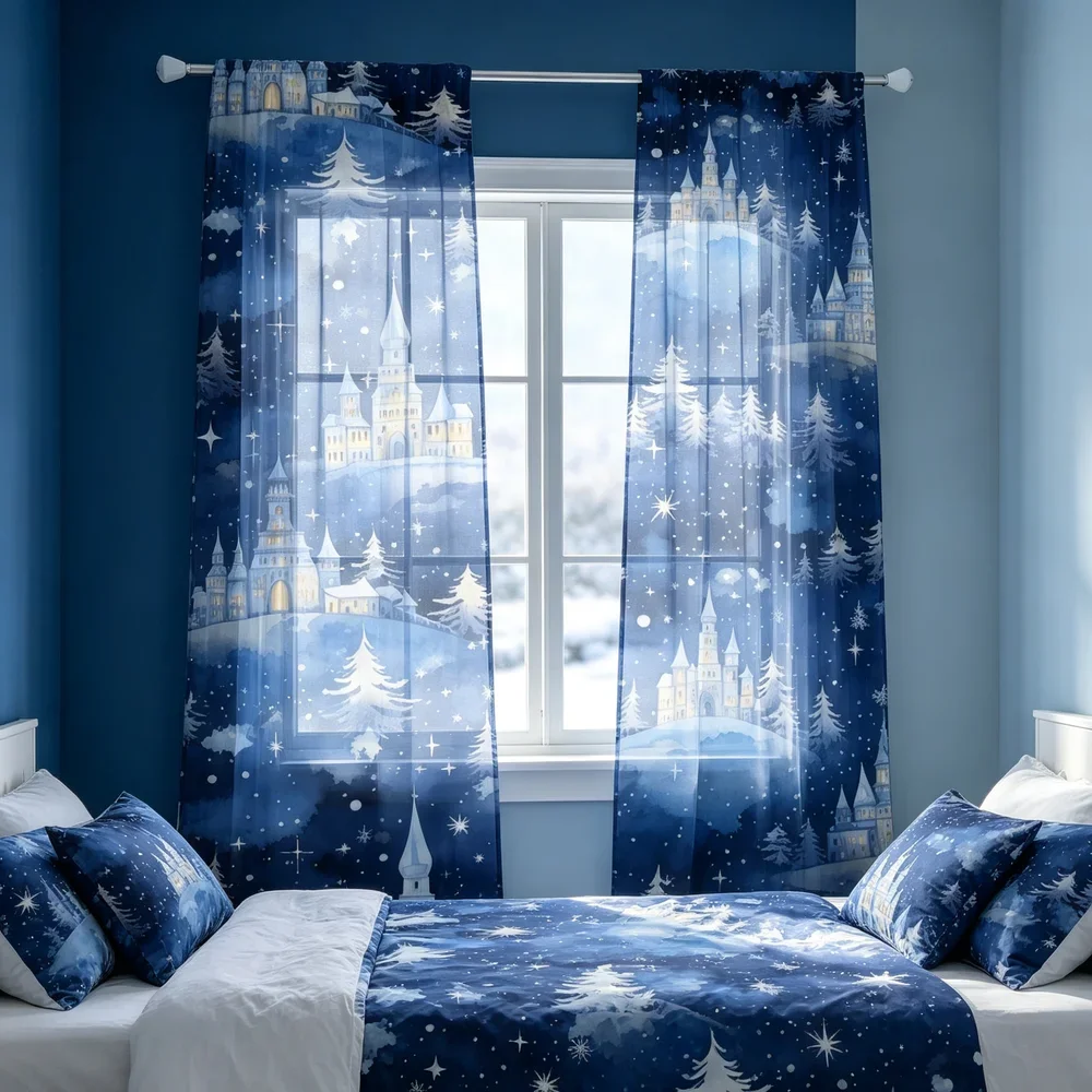 Blue Winter Castle Night Sky Curtain Panels for Bedroom Window Decoration Fairy Tale Scene
