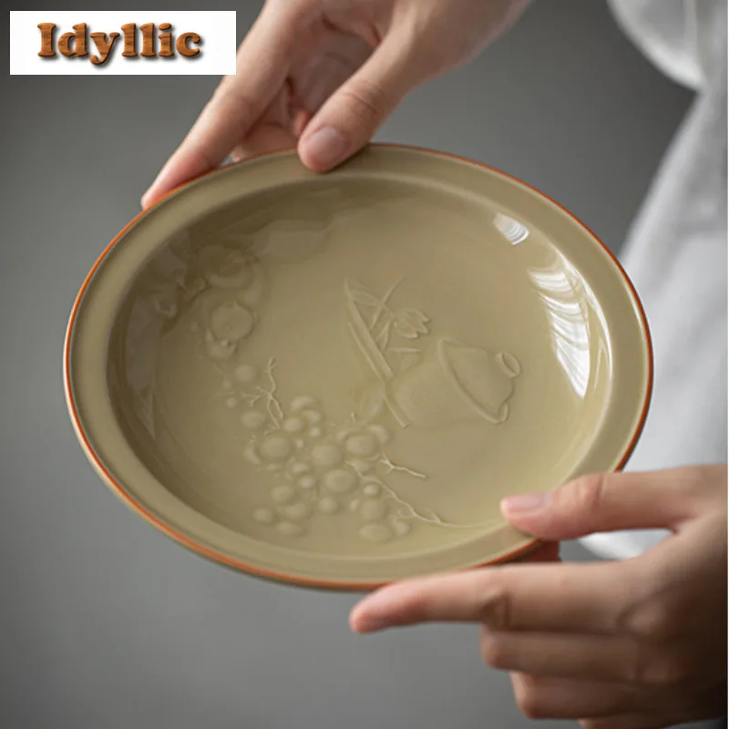 

Yue Kiln Желтый глазурованный рельефный горшок Держатель подшипника Держатель для чайников Стол для сухого заваривания Чайный поднос Подставки Посуда Тарелка для фруктовых закусок