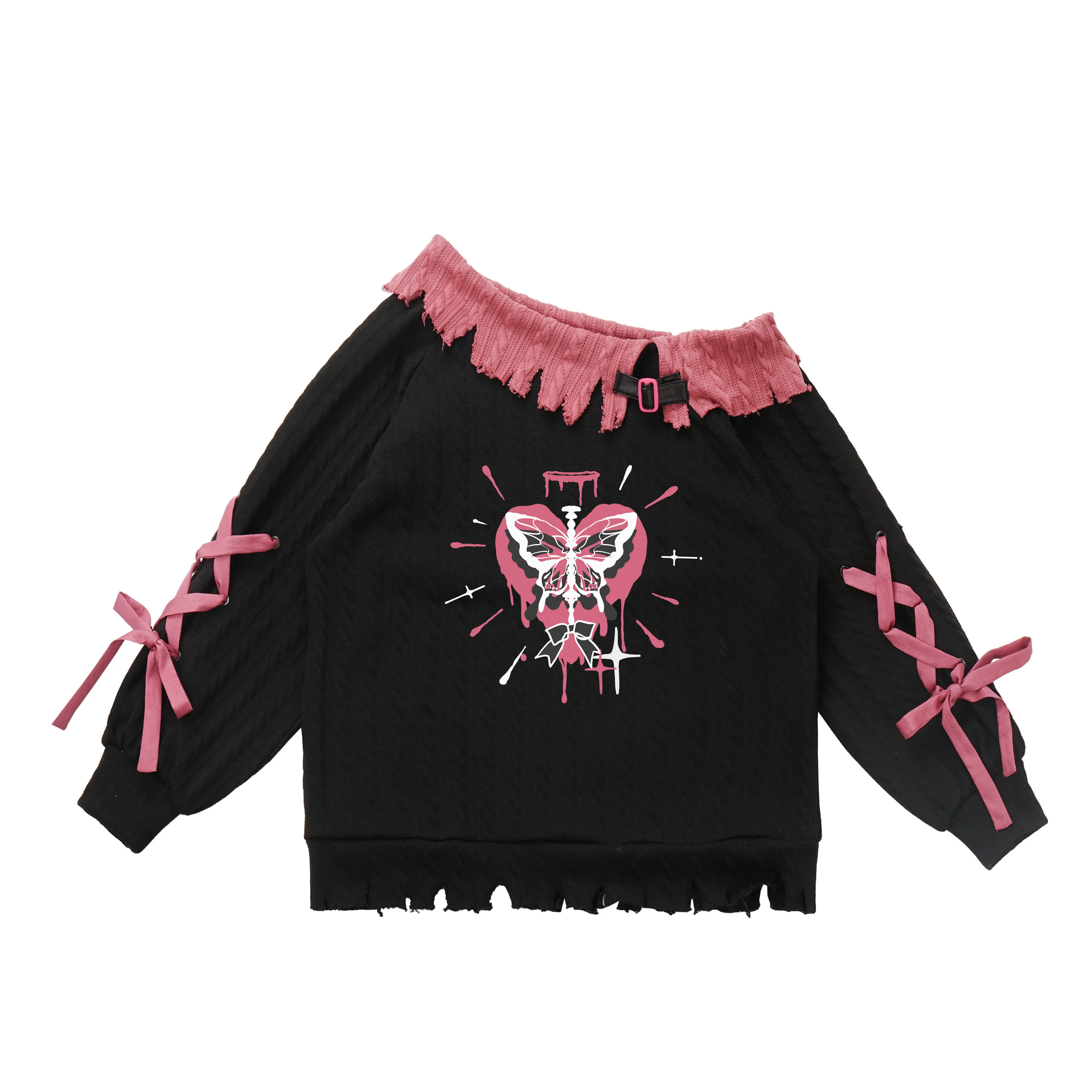 Original Design Irregular Butterfly Knit Lace-up Pink Black Knitwear Sweater Y2K Girls Skirt Trousers Fashion Pants Set Outfits