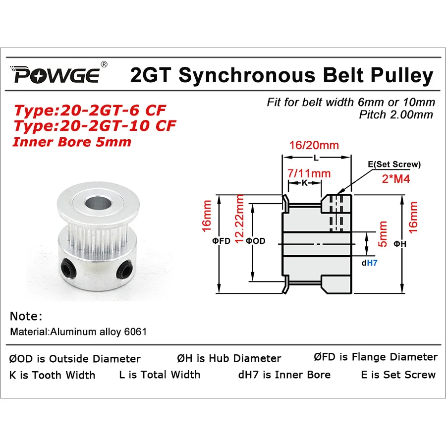 POWGE 5PCS GT3 GT 20 Teeth 2MGT 2GT 2M Synchronous Timing Pulley Bore 5mm for Belt width 6mm/10mm Small Backlash 20T 20Teeth