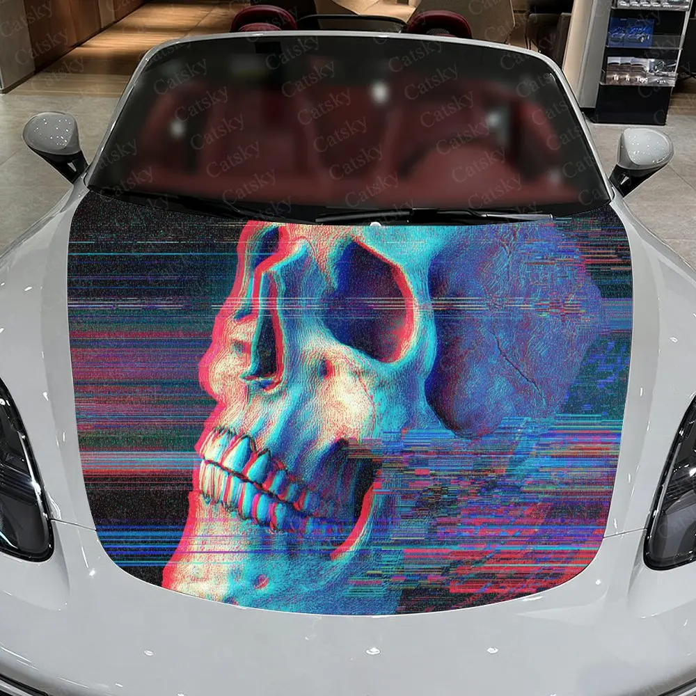 

Artistic Glitch Skull Car Hood Stickers - Self-Adhesive, Waterproof and Durable Vinyl Wrap, Decorate And Protect Your Car - The