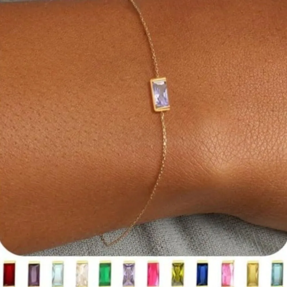 Square Zircon Birthstone Bracelet Stackable Sparkling Gold Plated Bracelet Colorful Copper Minimalist Bracelet Celebrations