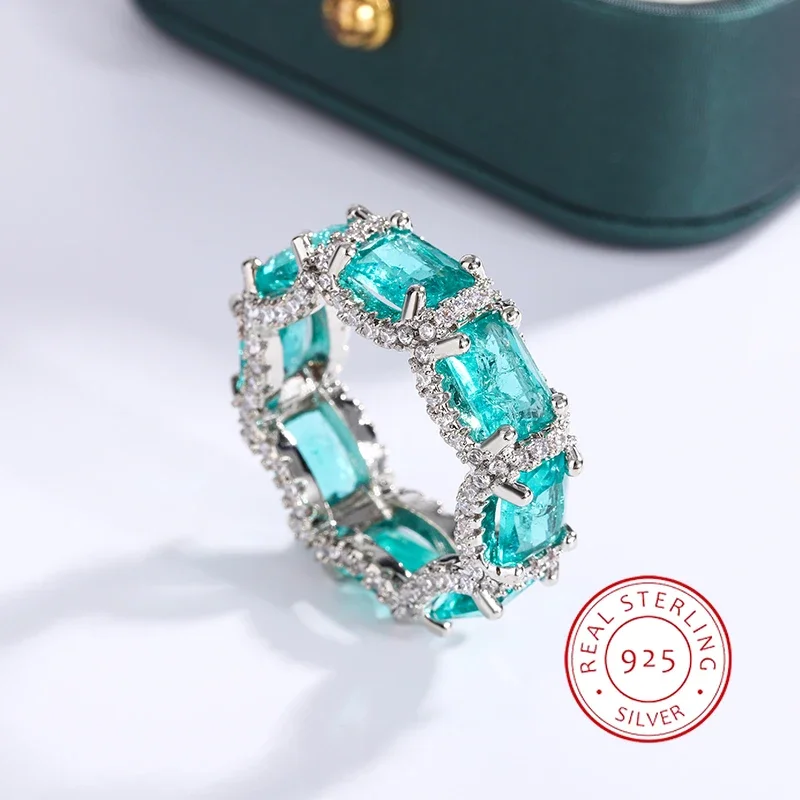 High-end Jewelry Heavy Industry Inlaid Aquamarine Topaz Ring Ladies 925 Silver Paraiba Ring Party Birthday Gift Wedding Ring