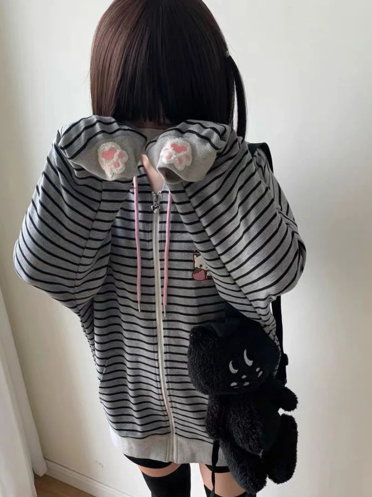 QWEEK Japanese Harajuku Kawaii Zip Up Hoodie Soft Sweet Girls Striped Cutecartoon Embroidery Sweatshirt Zipper Gray Top 2024