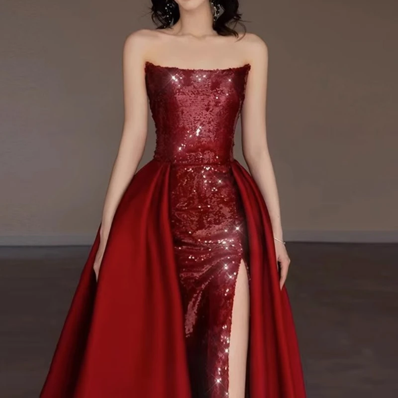 Customized Exquisite Strapless Luxury Shinny Slim Straps Vestidos Chic Spliced Satin Long Tail Formal Dresses Sexy Side High Spl