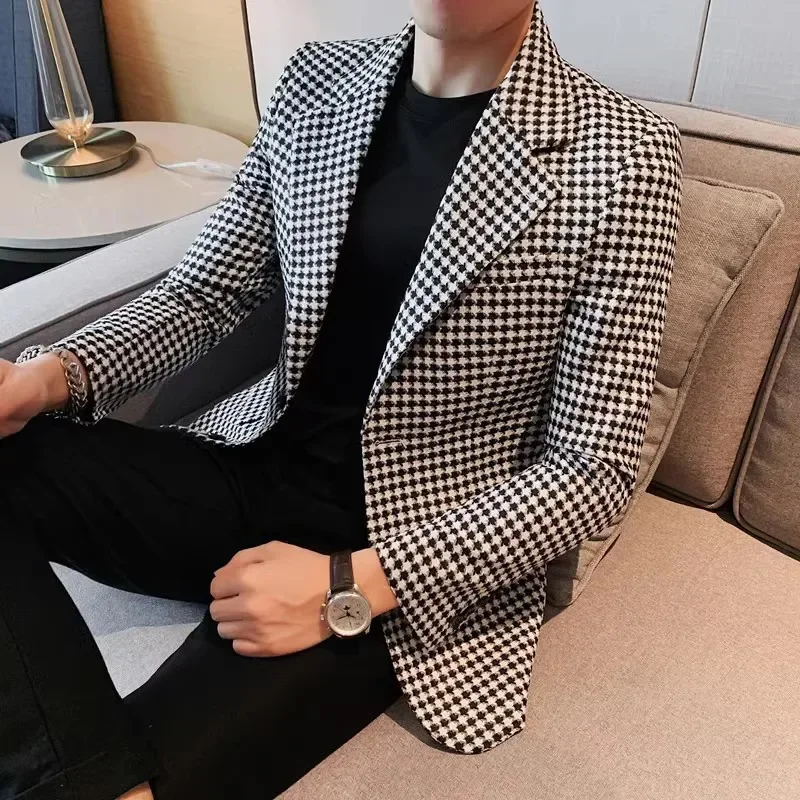 

2023 High Quality Fashion Men Handsome Youth Business Without Ironing Long Sleeve Slim Spring Plaid Suit Casual Casual Blazers