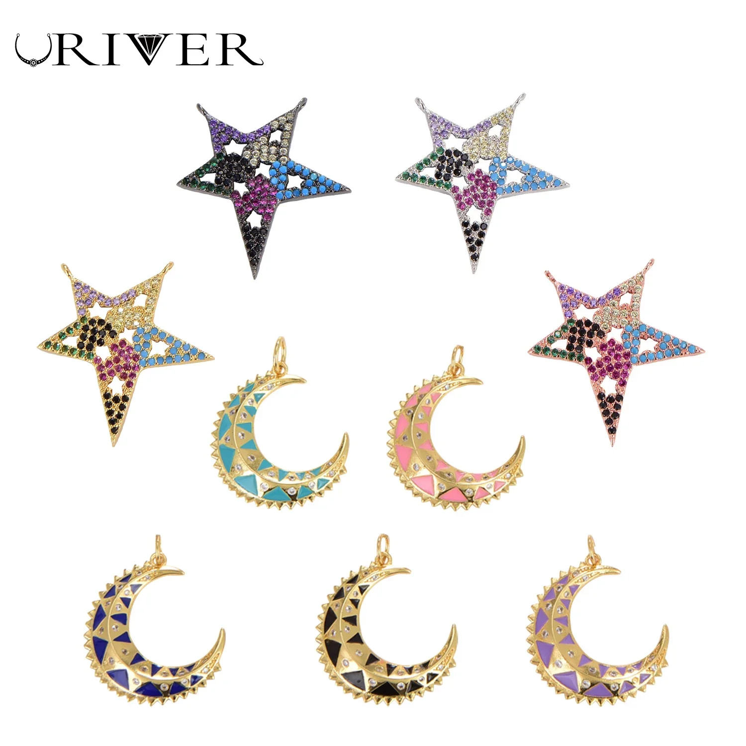 Trendy Metal Pendants Star Moon Charm DIY Bracelet Necklace Making Supplies Colorful Zircon Jewelry Accessories Christmas Gifts