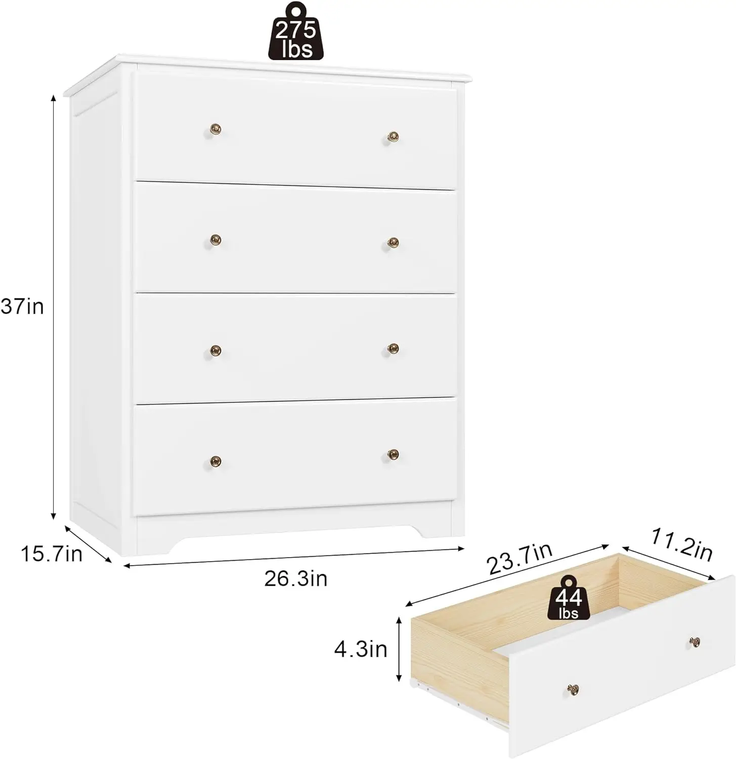 Peito branco de gavetas, 4 gavetas Dresser, Modern Tall Dresser, gaveta de madeira, armário de armazenamento para sala