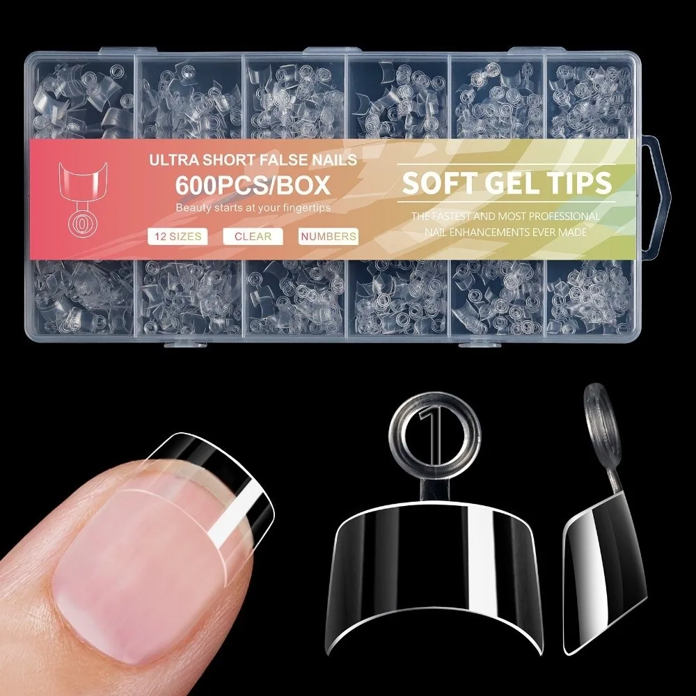 600pcs Ultra-Thin Short Nail Tips No-Trace Short Square Coffin Almond Shape Nail Forms Clear Extension Half Cover False Tips