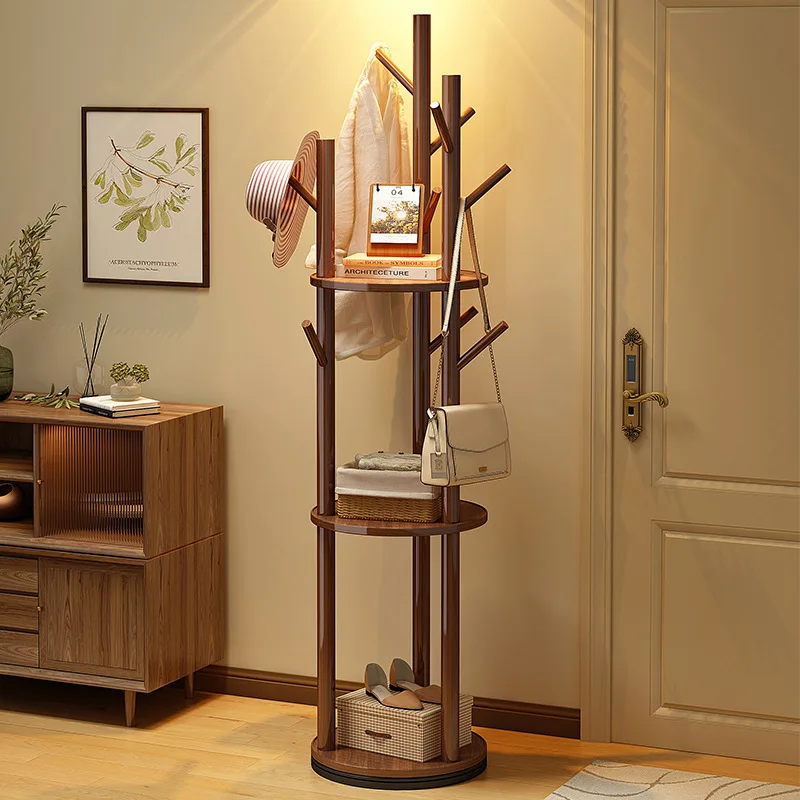 ‌Solid Wood Floor Coat Rack, 360° Rotating Garment Stand, Multi-Zone Hanging Organizer, Silent Tray Heavy-Duty Storage