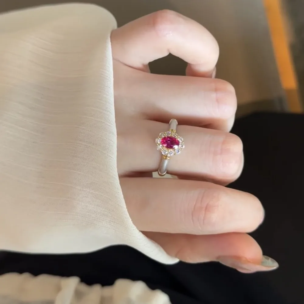 WOSIKATE Luxury Vintage-Style Red Corundum Ring For Women Silver-Plated Fashion Jewellery Egg-Shaped Brushed Finger Ring
