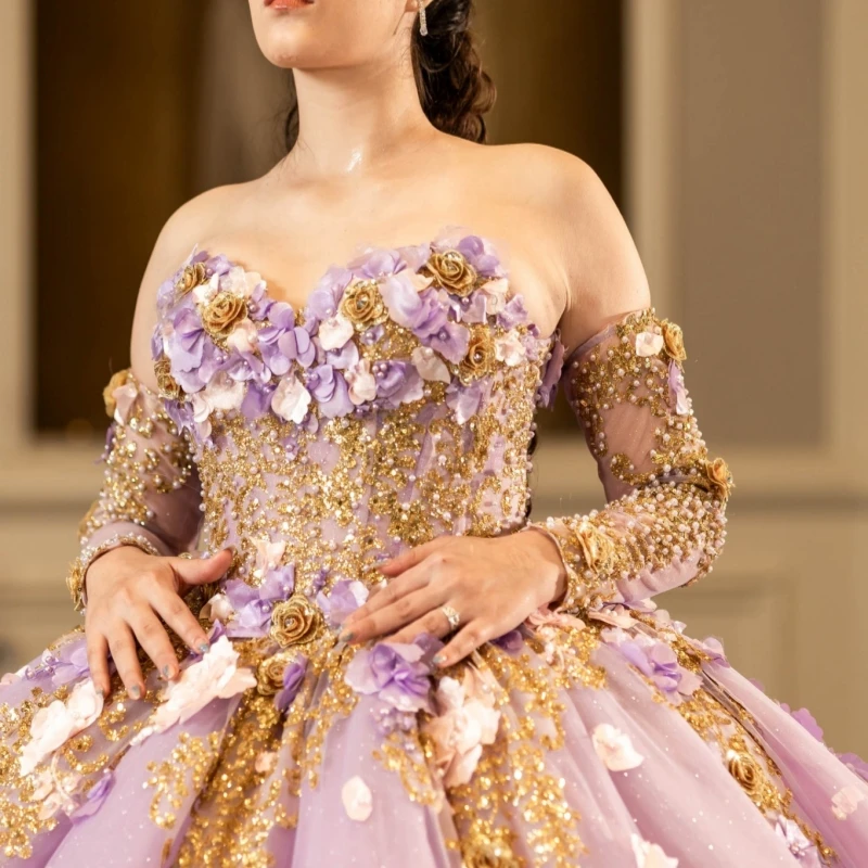 أرجواني لامع الأميرة الحلو 16 فستان فساتين Quinceanera زين زهرة الديكور تول حفلة عيد ميلاد Vestidos 15 De Anos