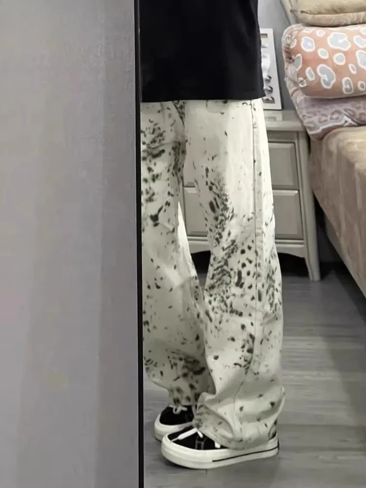 

2025 American Retro Apricot Leopard Print Wide Leg Jeans Women's Summer High Street High-waisted Loose Straight Leg Casual Pants