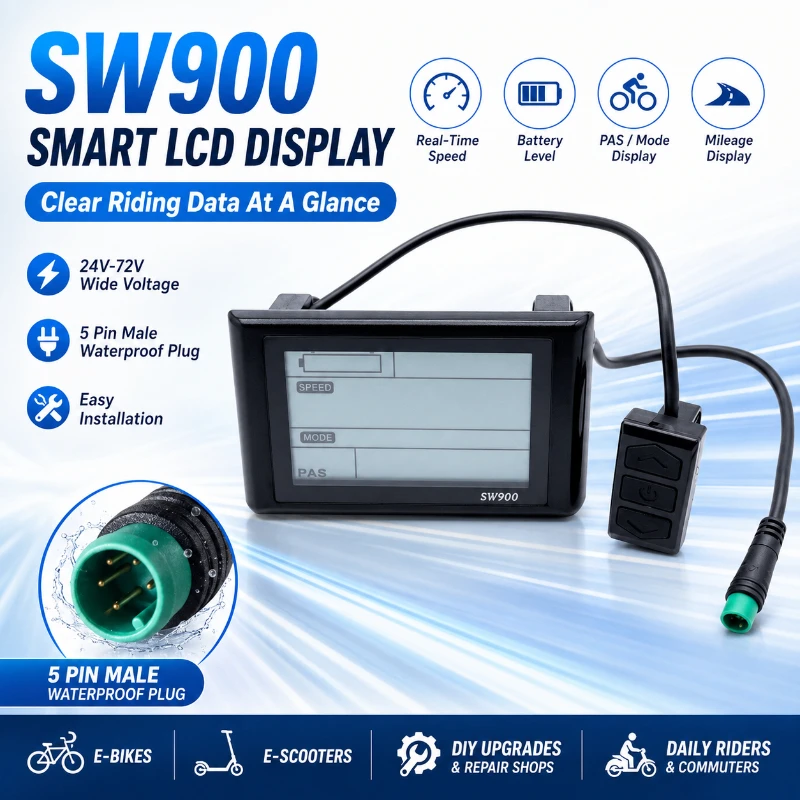 24V-72V Universelles SW900 LCD-Display für Elektrofahrräder, 5-Pin wasserdichter Stecker, Geschwindigkeits- und Kilometerzähler, E-Bike Mod-Kit Zubehör
