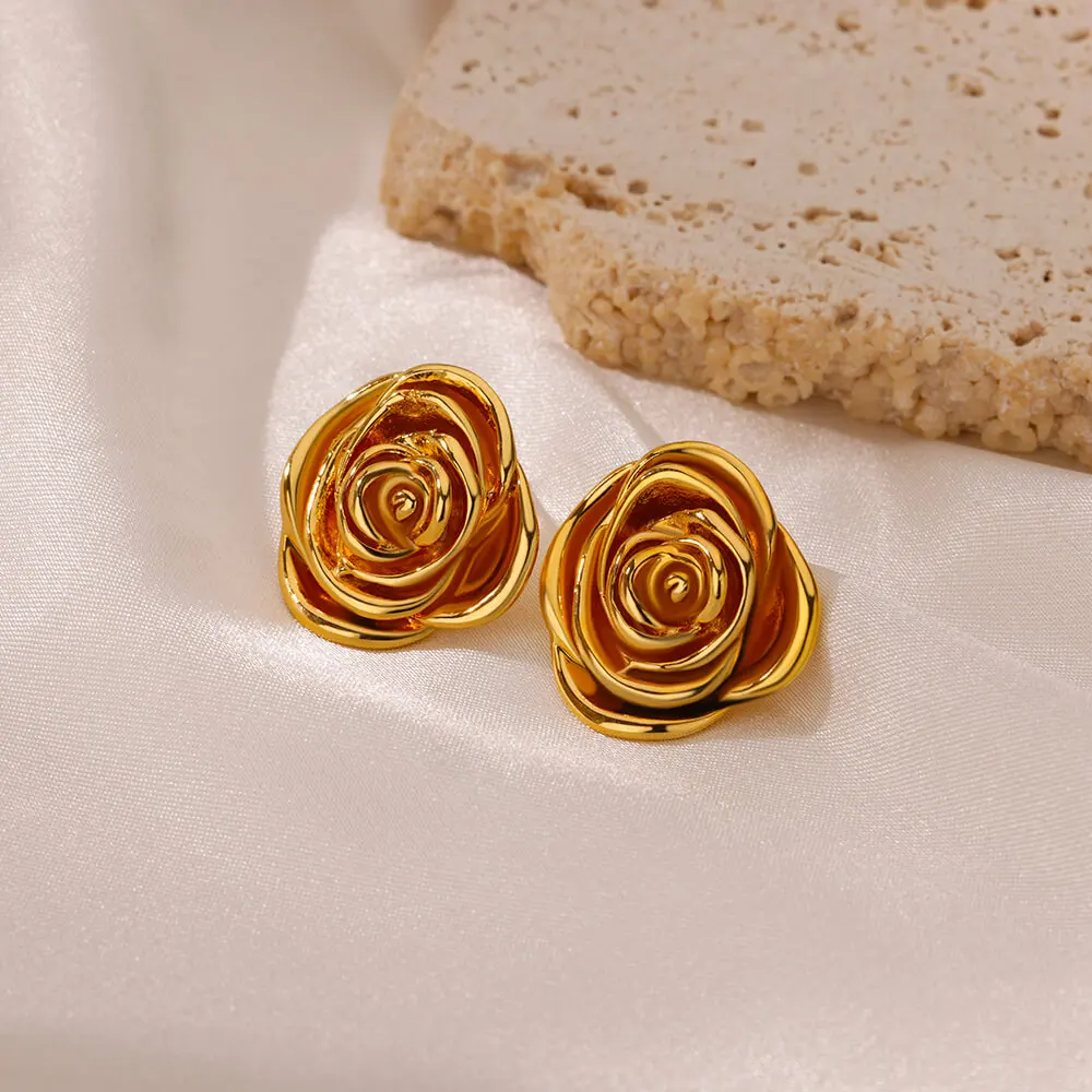 Rose Stud Earrings for Women Gold Color Piercing Stainless Steel Earrings 2024 Trend New Flower Aesthetic Couple Jewelry aretes