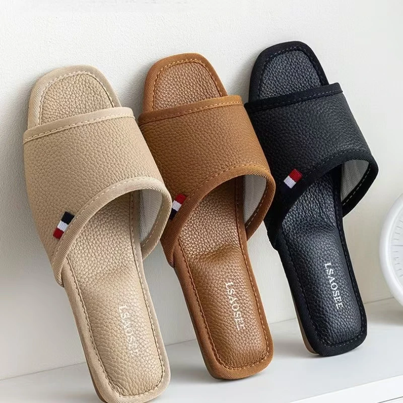 الرجال الصيف جلد طبيعي كلمة واحدة النعال لينة وحيد مقاوم للماء عدم الانزلاق عالية الجودة النعال المنزل عشاق الطابق النعال #5