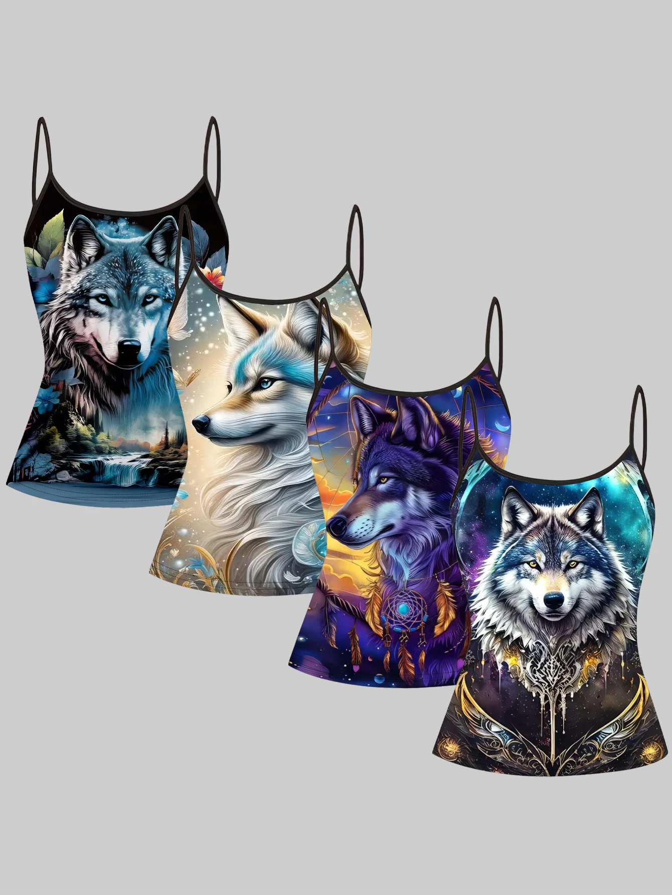 4-piece set of women's wolf print camisoles with forest starry sky and dreamcatcher patterns, slim-fit inner tops