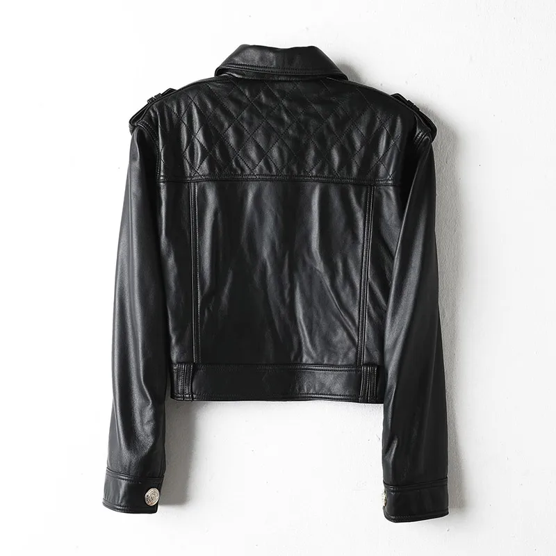 Motorcycle Coat Diamond Real Leather Jacket Women Spring Autumn Fashion Female High Street Casual Outerwear Black Leather Jacket