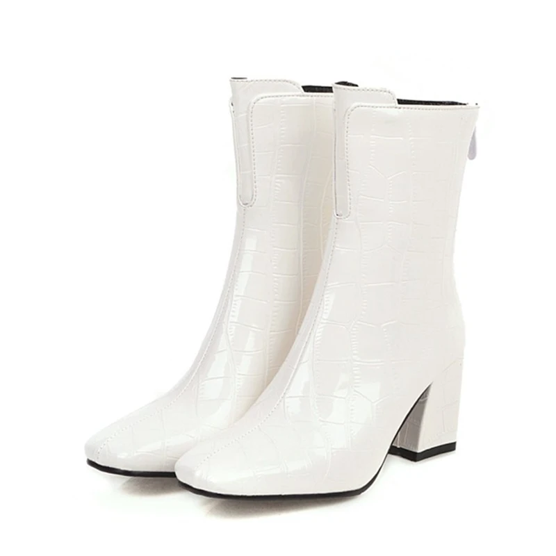 Fashion Ankle Boots For Women Sexy Snake Skin Motorcycle Boots Women Block High Heels Short Winter White Red Party Shoes