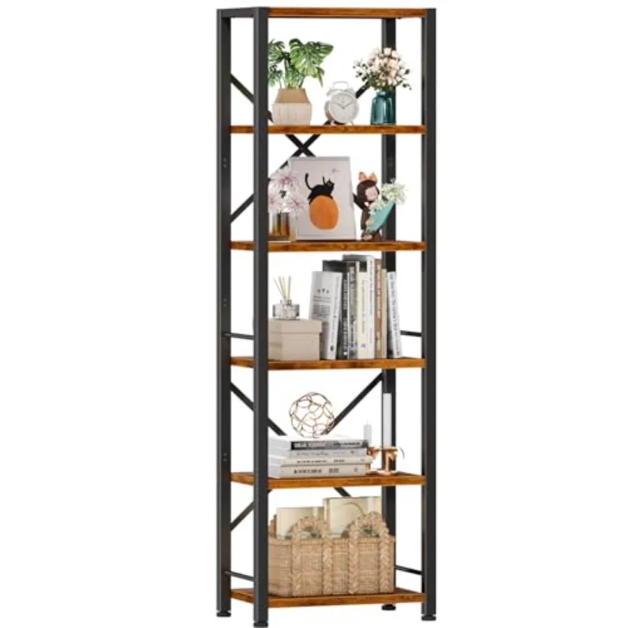 

6 Tier Tall Bookshelf Industrial Narrow Bookcase Display Standing Shelf Units Metal and Wood Storage Rack Organizer for Living