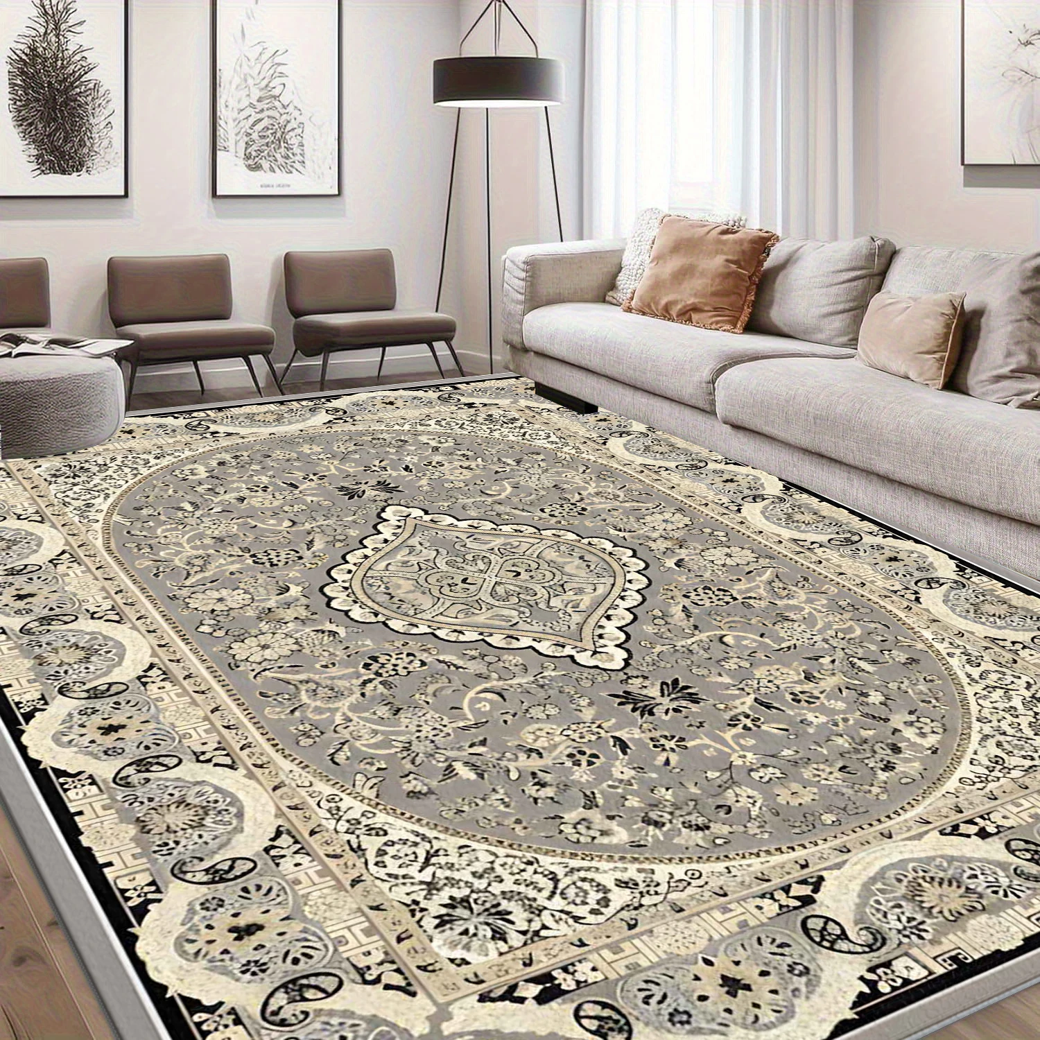 Grey-Cream Luxury Baroque Square Area Rug Elegant Vintage Lace Scroll Floral Ornate Frame Non-Slip Floor Carpet for Living Room Home Decor