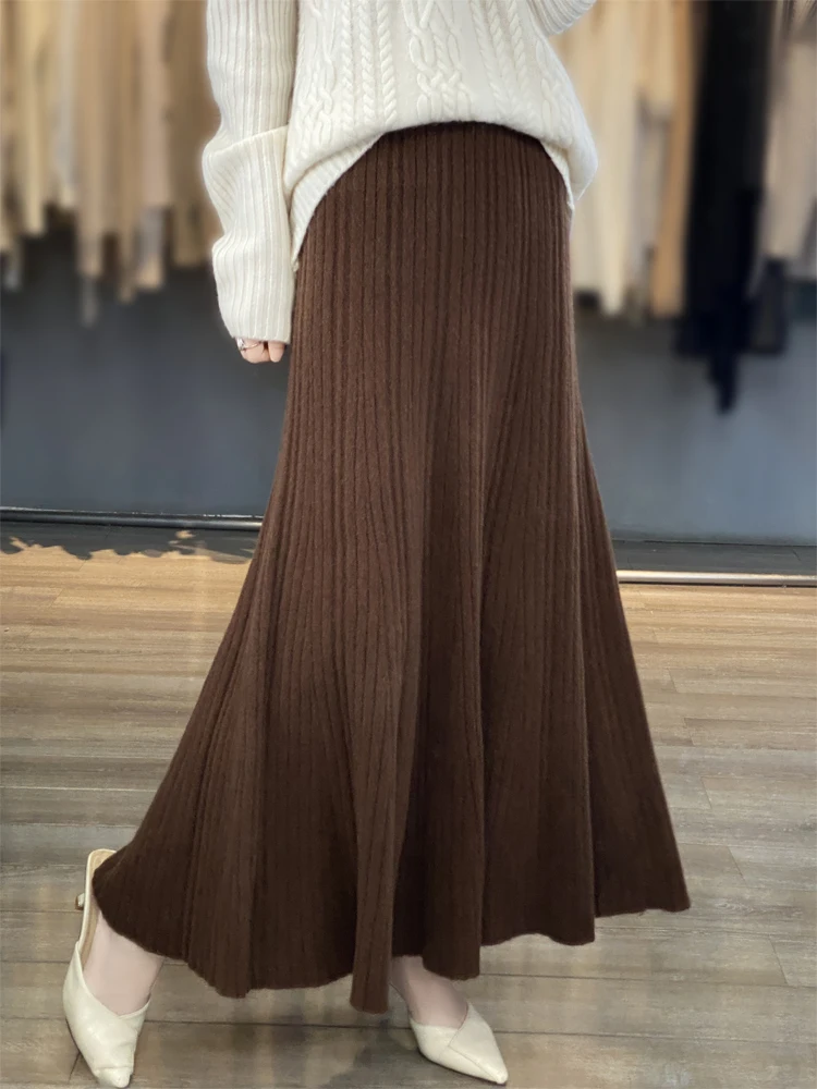 CHICUU New Women Long Pleated Skirt Autumn Winter Grace Basic Cashmere Skirt 100% Merino Wool Knitwear Office Lady Dress Tops