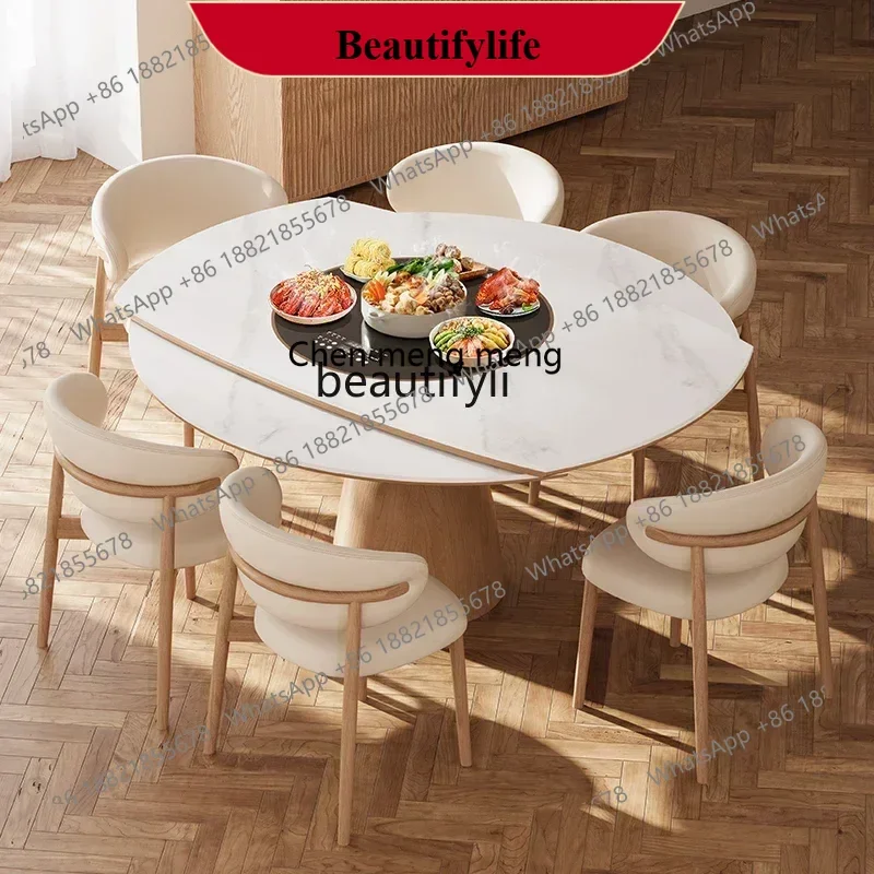 D178   Folding table Solid wood dining table Embedded turntable Induction cooker Dual-purpose retractable rock slab
