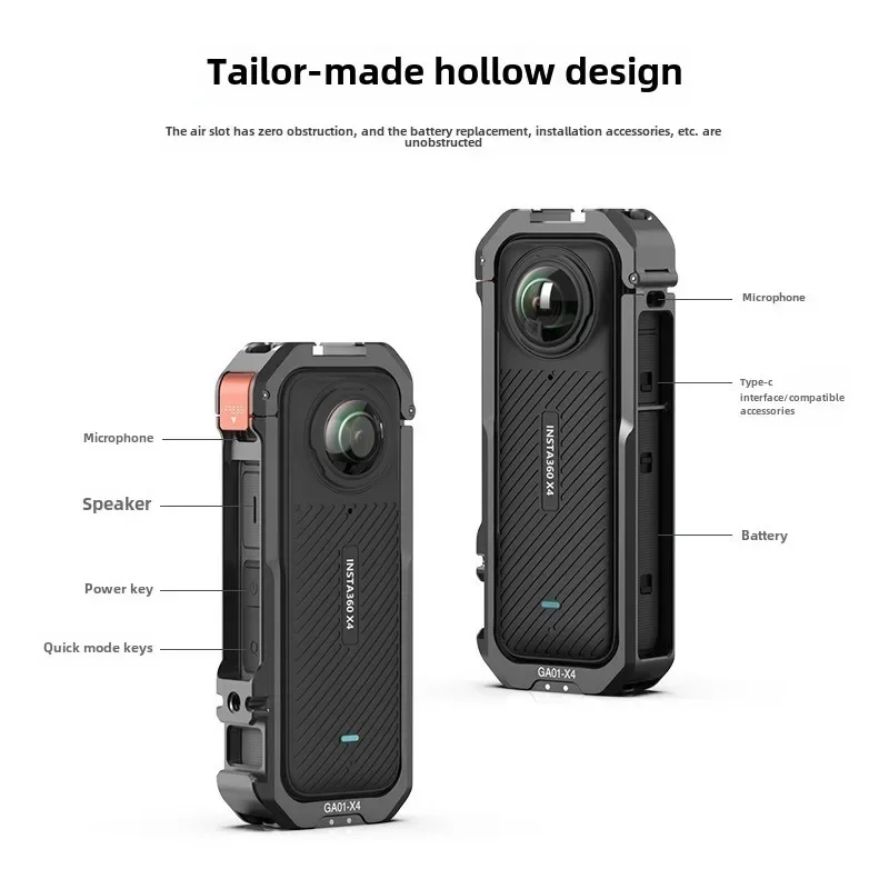 Insta360 X4 Camera Cage Metal Protective Action Camera Rig for insta360 X4 Extend Mic Video Light VRIG model GA-01 compatible