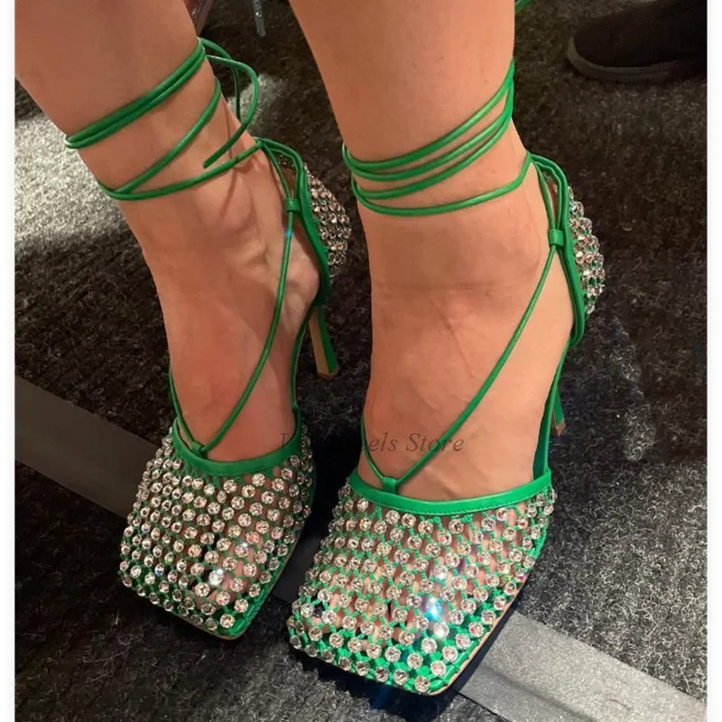 Square Toe Mesh Dimaond Lace up Sandals Colorful Leather Sexy Crystal  High Heels Women's 2025 Luxury Designer Party Shoes view 2