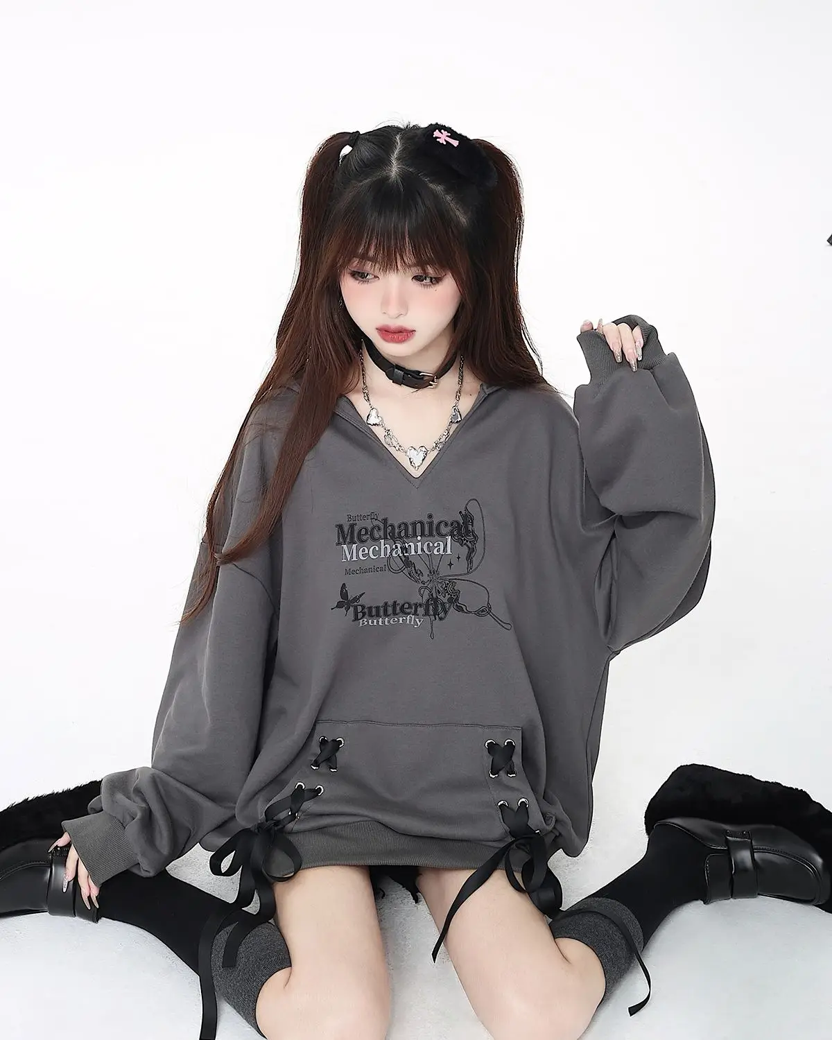 

Y2k Aesthetic Letter Printing Hoodie Women Streetwear Hooded Tops 2024 Harajuku Sweatshirt Pocket Bandage Loose Grunge Hoody