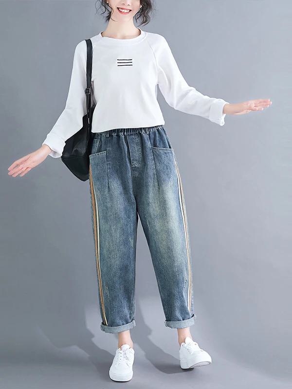 Large Size Artistic Faded Denim Jeans Women's Side Stripe Harlan Long Pants Spring Fashion High Waist Regular Thickness