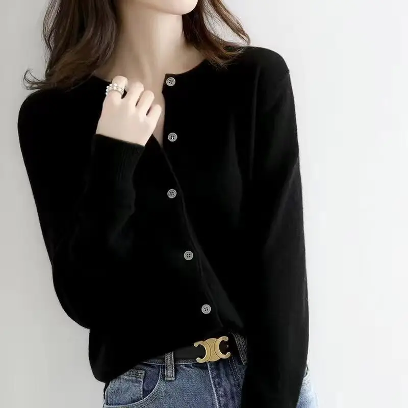 Simplicity Loose O-neck Sweater Women Autumn Solid Color Long Sleeve Knitwear Tops Office Lady All-match Knitting Cardigan Coat