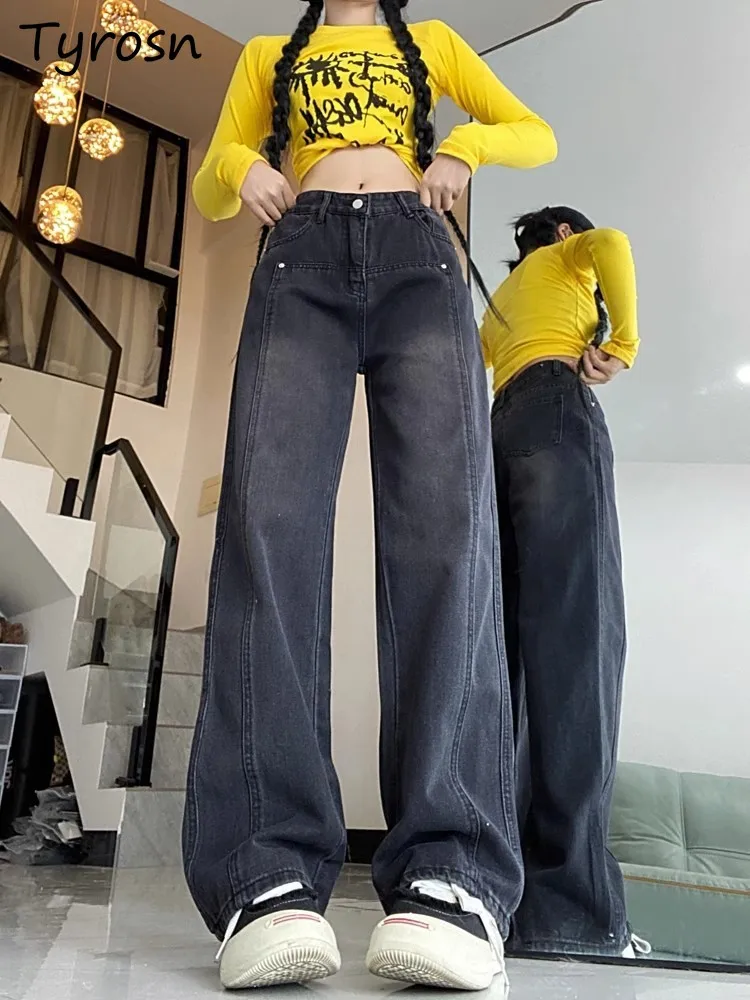 

Jeans for Women Retro Casual Design Straight Patchwork Zippers Loose Trendy High Waist Slender Floor-length Wide Leg Trousers