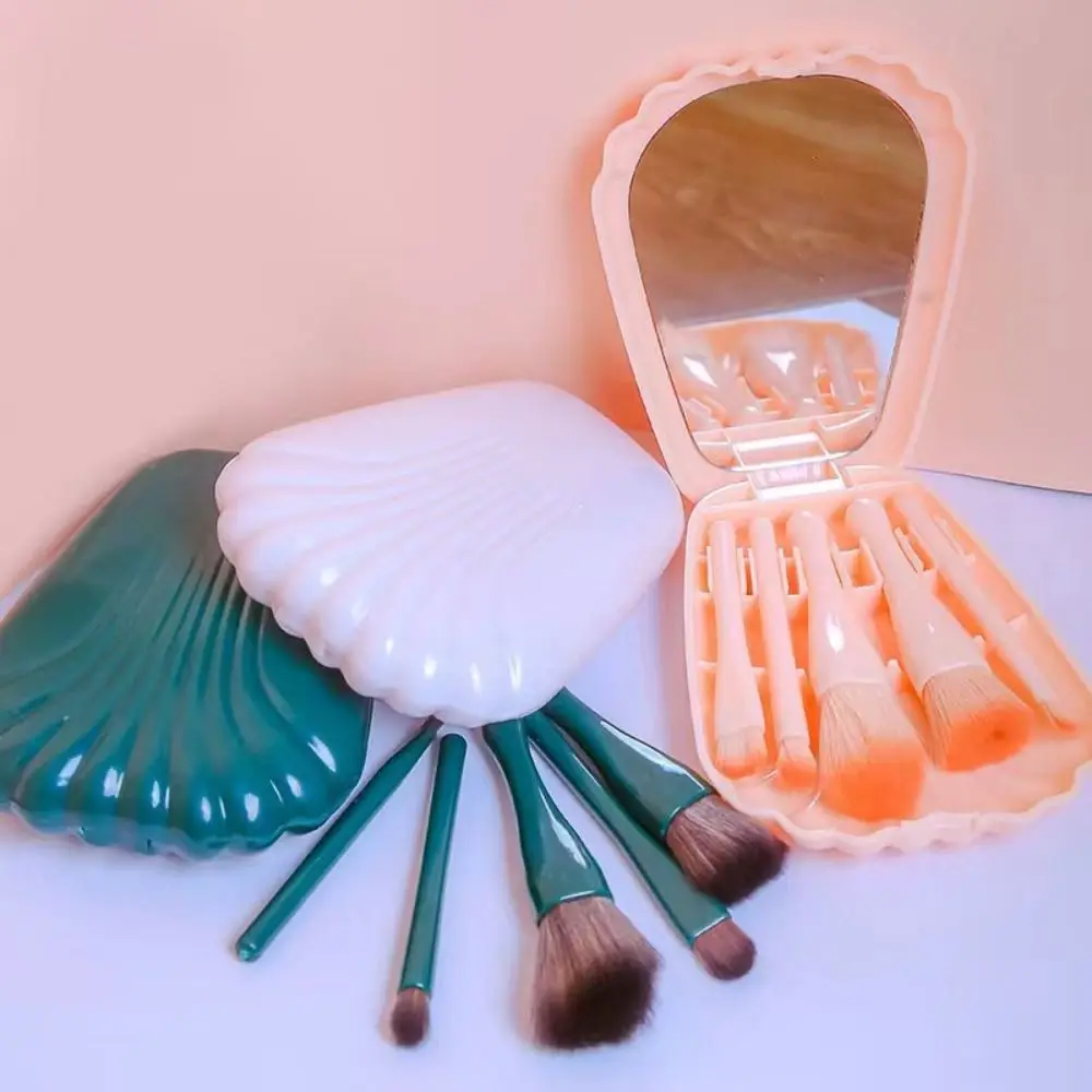 Shell Travel Makeup Brush Set Quilting Five Grid Makeup Brush with Storage with Mirror Multifunction Acrylic Cosmetic Organizer
