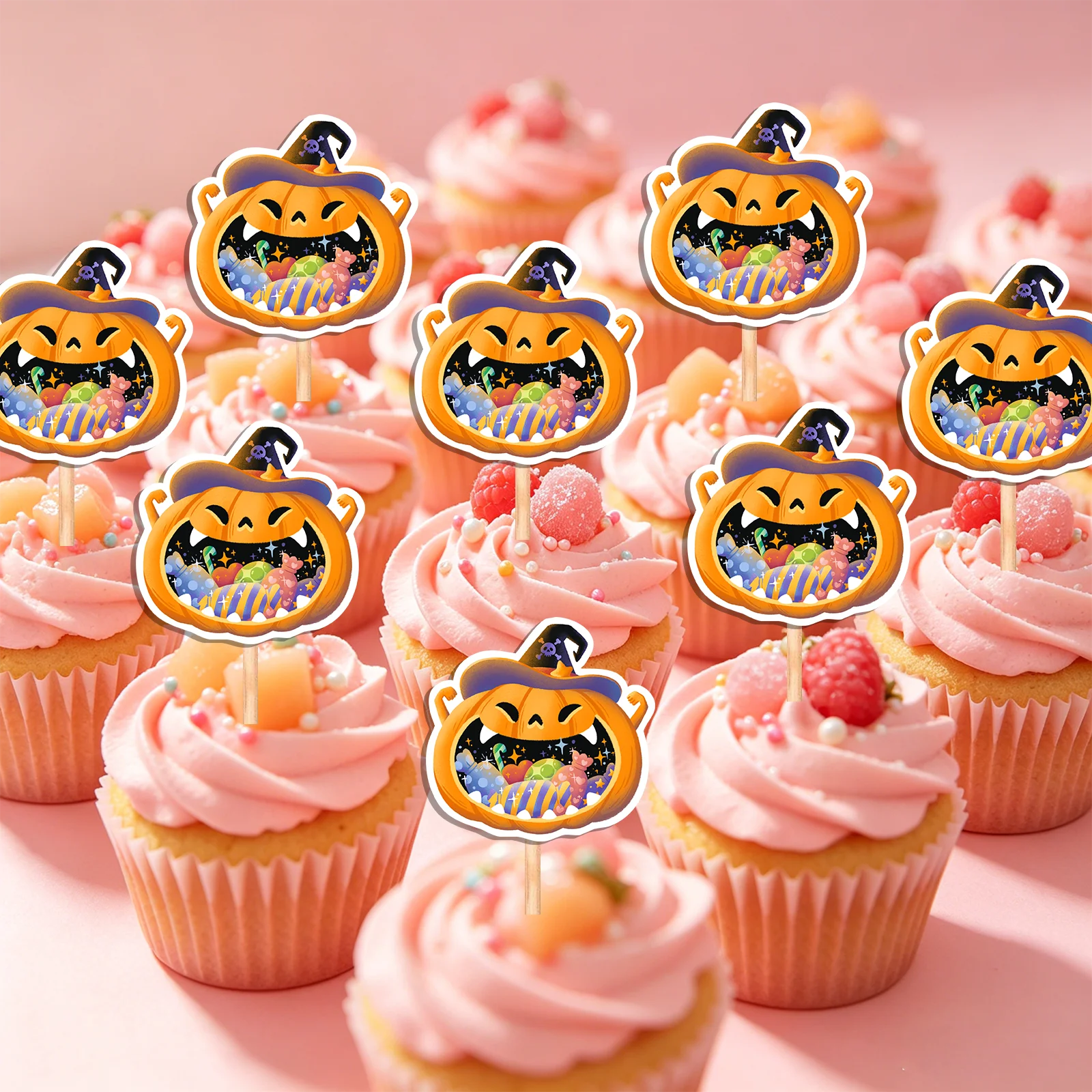 Halloween Pumpkin Cupcake Toppers, Witch Hat Jack O Lantern Cake Picks, Spooky Dessert Decor for Kids Halloween Party view 4