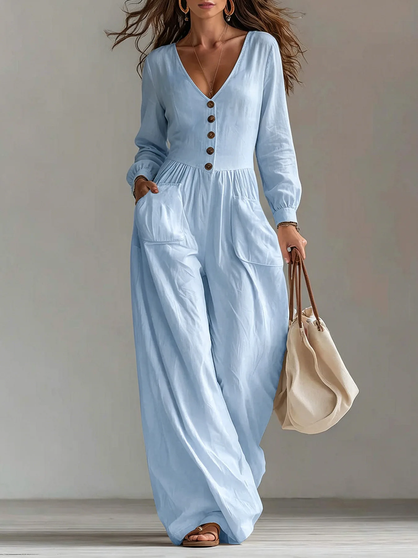 Casual Autumn Winter Jumpsuit Loose Simple Fashionable Commuting Style Long Sleeved V-neck Single Breasted Wide Leg Jumpsuit