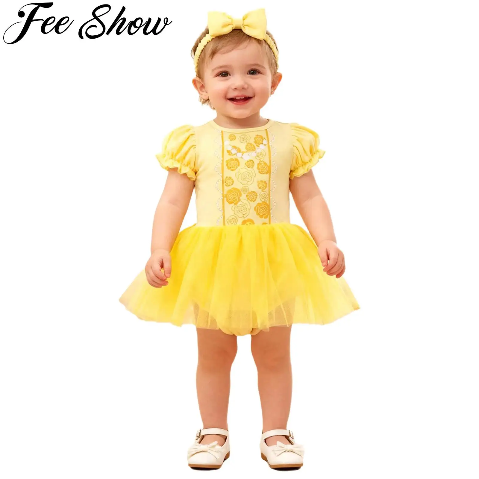 

Платье-комбинезон для девочек на день рождения, с короткими пышными рукавами, принтом и повязкой на голову, для фотосессии и торта в честь первого дня рождения