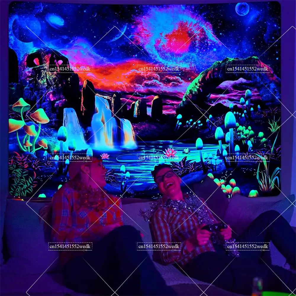 Black Light Neon Galaxy Tapestry Mountain Tapestry UV Reactive Mushroom Tapestries Glow in the Dark Landscape Wall Decor Poster