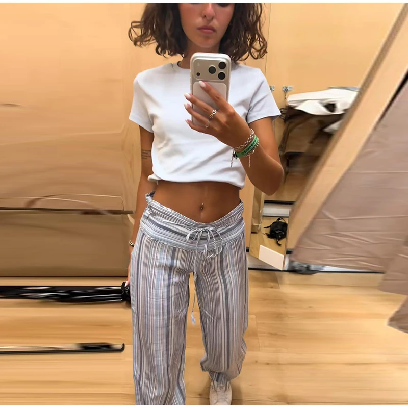 Casual Contrast Striped Women's Pants Wave Cut Elastic Waist Female Wide Leg Trousers 2026 Autumn Lady Vintage Chic Pant