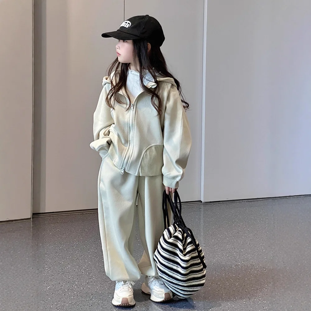2026 Winter Autumn Teen Girls Set Loose Jacket Hooded + Tracksuit Wide Leg Pants Kids Clothes Suit Child Outfits 4 8 10 12 Year