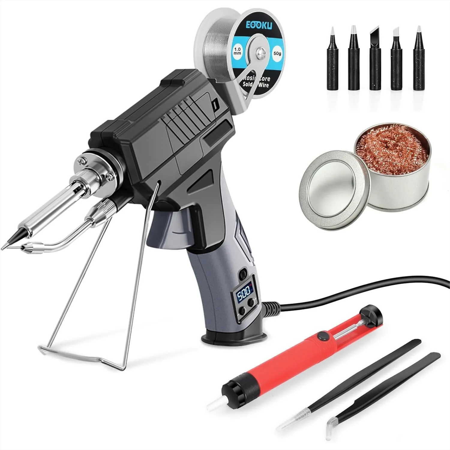 

60W Auto Feed Soldering Iron Gun Kit With Adjustable Temperature LCD Display, 5 Tips, Solder Wire, Pump, Tweezers For Electronic PCB Repair DIY