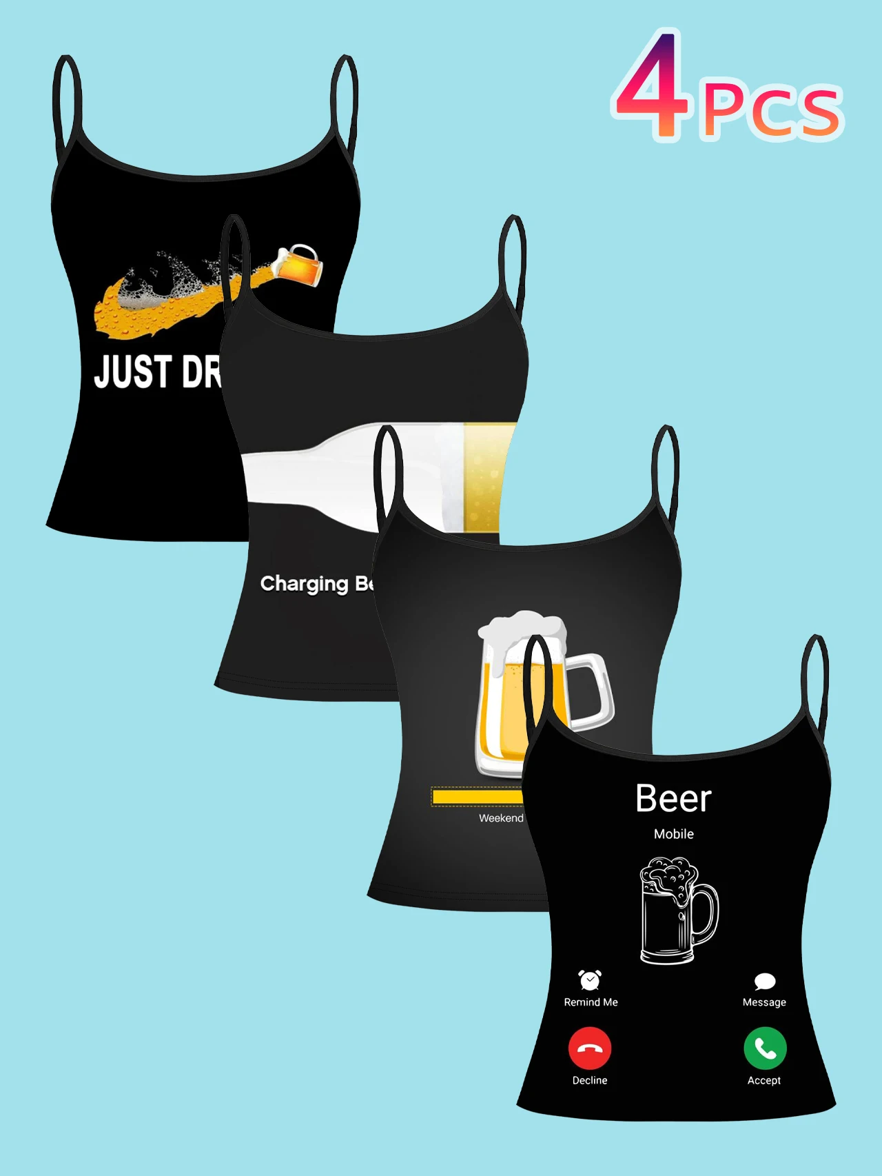 4-Piece Set of Fun and Creative Beer-Themed Women's Camisoles with Beer Spill Print, Slim-Fit Spaghetti Strap Short Tops